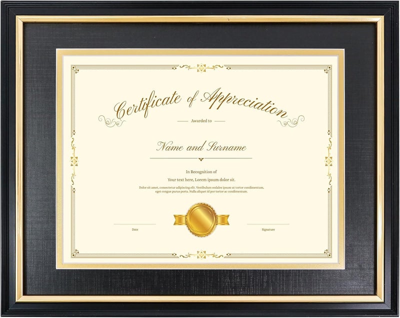 Hodeframe 11x14 Certificate Frame for 8-1/2x11 Diploma/Certificate/Document/Picture with Black and Gold Mat,8.5x11 Solid Wood Degree Frame, Real Glass，Wall Display and Tabletop - Image 1